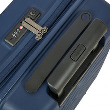 Load image into Gallery viewer, Close up to the top of the navy blue suitcase. The view shows the telescopic handle, grabbing handle, and a three digit combination lock.