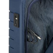 Load image into Gallery viewer, Close up to the USB port on the outside of the suitcase. You can connect a portable power supply to charge your devices from outside the case. (Power supply not included).