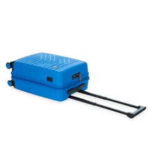 Load image into Gallery viewer, The electric blue suitcase laid on its back with its telescopic handle pulled. The top, side, and front panels are shown.