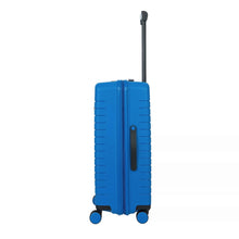 Load image into Gallery viewer, Side view of the electric blue hard shell suitcase with the telescopic handle pulled. A black handle is placed on the side for easy grabbing.