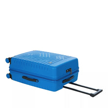 Load image into Gallery viewer, An electric blue suitcase with black accents is laid on its back with the telescopic handle pulled. The side, top and front are visible.