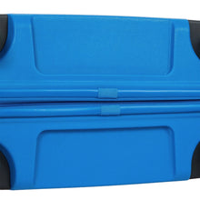 Load image into Gallery viewer, Close up to the bottom of the electric blue hard shell suitcase.