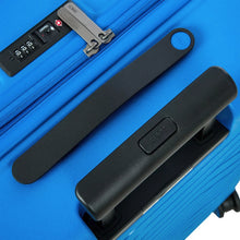 Load image into Gallery viewer, Close up to the top of the electric blue suitcase with black accents. This side features a black handle for easy grabbing and a three digit combination TSA approved lock.