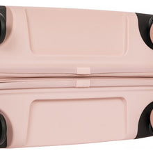 Load image into Gallery viewer, Close up to the bottom of the pearl pink hard shell suitcase.