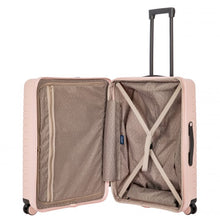 Load image into Gallery viewer, Internal view of the pearl pink hard shell suitcase with black accents. The fabric lining is light brown. The front panel's side has a zipper-closing compartment. The back panel's side has a set of strips to hold contents in place.