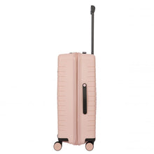 Load image into Gallery viewer, Side view of the pearl pink hard shell suitcase with black accents. A black handle is placed for easy  grabbing.