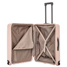 Load image into Gallery viewer, Internal view of the pearl pink hard shell suitcase with black accents. The fabric lining is light brown. The front panel's side has a zipper-closing compartment shown partly open. The back panel's side has a set of strips to hold contents in place.