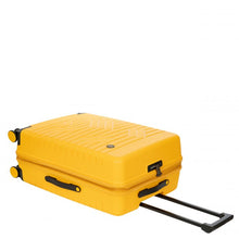 Load image into Gallery viewer, A mango yellow suitcase laid on its back with the telescopic handle pulled. The top, side, and front panels are shown.