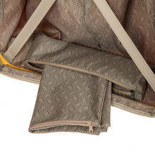 Load image into Gallery viewer, Inside view of the back panel's bottom. There is a small bag which holds another bag used to store a pair of shoes or laundry.