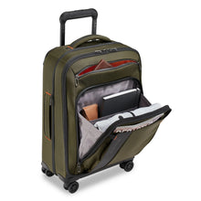 Load image into Gallery viewer, Briggs & Riley ZDX 22" Carry-On Expandable Spinner - Olive
Image of Front Angled View with spacious front pocket zipped open to show organizational capabilities
Dimensions:  22 x 14 x 9" (exp. to 11")
Weight:           7.4 lbs.
