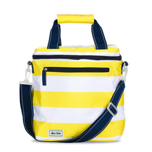Load image into Gallery viewer, Front view of the yellow and white horizontal straps cooler bag. The handle and adjustable strap are black with white stitching. 
The velcro holder for the top straps is yellow.
Placed on a white background.