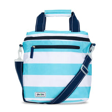 Load image into Gallery viewer, Front view of the light blue and white horizontal stripes cooler bag. The main strap and handles are in navy blue with white stitching, and the velcro holder is light blue and white. 
Set on a white background.
