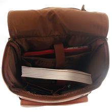 Load image into Gallery viewer, Dorado Colombian Leather Laptop Rucksack - Tan
Image of Interior Compartment showing protected laptop/tablet sleeve ample room for business files, or important documents.  Also includes pockets for smart phone, power bank, cables, and pens.
Dimensions:  16.5 x 13 x 5"
