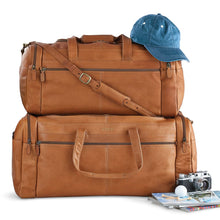 Load image into Gallery viewer, Dorado Leather Duffel - Tan
Image of Medium and Large Dorado Leather Duffels, sold separately
 
Dimensions: 25 x 11.5 x 11.5" (Large Size)