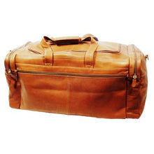 Load image into Gallery viewer, Dorado Leather Duffel - Tan
Image of Front Angled View.  Showing front panel full-length zippered pocket and two zip end panel pockets.
Dimensions:  25 x 11.5 x 11.5"