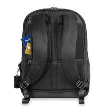 Load image into Gallery viewer, Briggs & Riley Delve Medium Backpack - Black
Image of Back Panel showing hidden zip pocket, ideal for passport, tickets, etc.
Dimensions:  17 x 12 x 6"
Weight:          2.3  lbs.