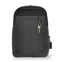 Load image into Gallery viewer, Briggs & Riley Delve Medium Backpack - Black
Image of Front Panel View, showing convenient key fob in front pocket
Dimensions:  17 x 12 x 6"
Weight:          2.3  lbs.