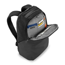 Load image into Gallery viewer, Briggs & Riley Delve Medium Backpack - Black
Image of Front Angled View with front organizer pocket shown zipped open
Dimensions:  17 x 12 x 6"
Weight:          2.3  lbs.