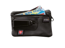Load image into Gallery viewer, The black clip stash with an ID and credit card peeking from the zipper-closing pocket.