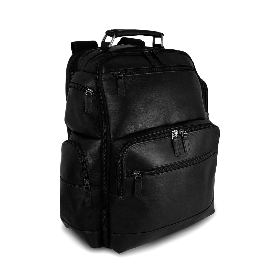 DayTrekr Deluxe Backpack in Black Leather - Angled view
