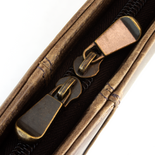 Load image into Gallery viewer, DayTrekr Distressed Leather Zip Letter Pad - Brown
Closeup Image of Antique Brass Hardware.
Dimensions: 13.75 x 10.5 x 1"