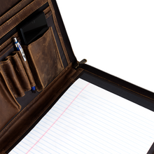 Load image into Gallery viewer, DayTrekr Distressed Leather Zip Letter Pad - Brown
Closeup Image of Interior showing slot for letter pad, pen holders, phone, and other business accessories.
Dimensions: 13.75 x 10.5 x 1"