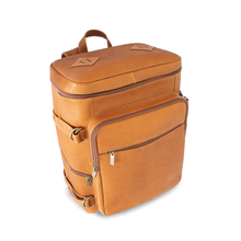 Load image into Gallery viewer, DayTrekr Top Load Leather Gear Backpack - Tan
Image of Front Angled View
Dimensions:  16 x 12 x 7.5"