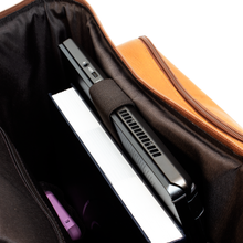 Load image into Gallery viewer, DayTrekr Top Load Leather Gear Backpack - Tan
Image of Interior View, showing protected compartment for laptop and or tablet, smart phone as well as plenty of room for other business essentials.
Dimensions:  16 x 12 x 7.5"