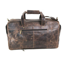 Load image into Gallery viewer, Back panel view of the brown distressed leather duffle bag.