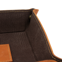 Load image into Gallery viewer, DayTrekr Leather Tray - Tan
Closeup Image of dark brown suede leather interior.
Dimensions: 6 x 6"