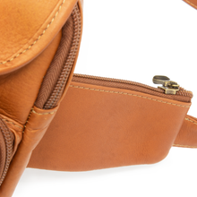 Load image into Gallery viewer, DayTrekr Leather Hip Pack - Tan
Close up of small, zippered accessory pockets built into leather waist strap.
Dimensions: 7" H x 6.5" W x 2.5"
