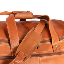 Load image into Gallery viewer, DayTrekr Leather Deluxe Duffel - Tan
Closeup Image of Matching Leather Shoulder Strap
Dimensions:  22 x 12 x 12"