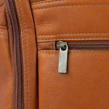 Load image into Gallery viewer, DayTrekr Leather Deluxe Duffel - Tan
Closeup Image of detailed contrast stitching, and antique brass hardware
Dimensions:  22 x 12 x 12"