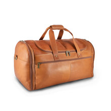 Load image into Gallery viewer, DayTrekr Leather Deluxe Duffel - Tan
Image of Front Panel View
Dimensions:  22 x 12 x 12"