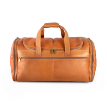 Load image into Gallery viewer, DayTrekr Leather Deluxe Duffel - Tan
Image of Front Panel View, showing main u-shaped zippered packing compartment, 1 full-length front zip pocket, and two end panel zip pockets.
Dimensions:  22 x 12 x 12"