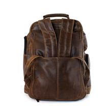 Load image into Gallery viewer, DayTrekr Distressed Leather Backpack - Brown
Image of Back Panel View with Matching Leather Contoured Back Straps
Dimensions: 15.5"W x 17"H x 8"D