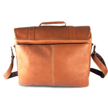 Load image into Gallery viewer, Back view of the tan leather briefcase. It features an open pocket.