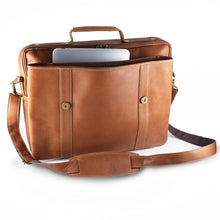 Load image into Gallery viewer, Front view of the tan leather briefcase. The top flap is flipped back. A tablet is set inside the open pocket.