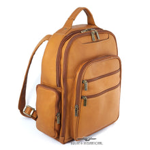 Load image into Gallery viewer, DayTrekr Leather Deluxe Organizer Backpack - Tan
Image of Left-Facing Angled View, with large front panel zippered pocket to organize all your travel business essentials, such as smart phone, power bank, cables, pens, etc.
Dimensions:  16 x 12.5 x 8.5"