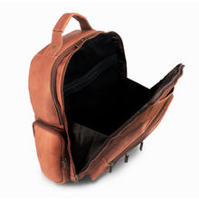 Load image into Gallery viewer, DayTrekr Leather Deluxe Organizer Backpack - Tan
Image of Spacious Front Compartment with nylon gusseted hinges, so your contents won't spill out.  Also features a full-length zippered pocket on interior wall.  
Dimensions:  16 x 12.5 x 8.5"