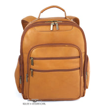Load image into Gallery viewer, DayTrekr Leather Deluxe Organizer Backpack - Tan
Image of front panel view. Also showing top open pocket for quick access to boarding pass.
Dimensions:  16 x 12.5 x 8.5"