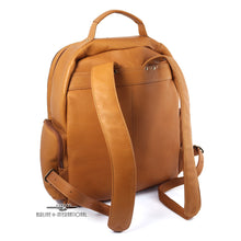 Load image into Gallery viewer, DayTrekr Leather Deluxe Organizer Backpack - Tan
Image of Back Panel Angled View, showing matching leather contoured and adjustable back straps.
Dimensions:  16 x 12.5 x 8.5"