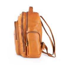 Load image into Gallery viewer, DayTrekr Leather Deluxe Organizer Backpack - Tan
Image of Right-Facing Side Panel with zippered accessory pocket.  Also showing matching leather backstraps and top leather grip handle.
Dimensions:  16 x 12.5 x 8.5"
