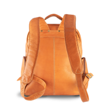 Load image into Gallery viewer, DayTrekr Leather Deluxe Organizer Backpack - Tan
Image of Back Panel with matching leather contoured and adjustable back straps
Dimensions:  16 x 12.5 x 8.5"