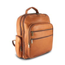 Load image into Gallery viewer, DayTrekr Leather Deluxe Organizer Backpack - Tan
Image of Front Left-Facing Angled View.       Also showing antique brass hardware.
Dimensions:  16 x 12.5 x 8.5"