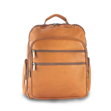Load image into Gallery viewer, DayTrekr Leather Deluxe Organizer Backpack - Tan
Image of Front Panel View.  Matching Leather Handle Grip, two side panel zippered pockets and large U-Shaped Business Organizer Pocket on Front Panel.
Dimensions:  16 x 12.5 x 8.5"
