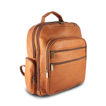 Load image into Gallery viewer, Angled front view of the tan leather backpack with zipper-closing compartments.