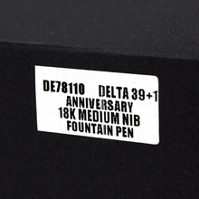 Load image into Gallery viewer, Close up to the outer box tag with printed text: DE8110 DELTA 39+1 Anniversary, 18K MEDIUM NIB FOUNTAIN PEN