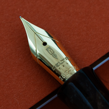 Load image into Gallery viewer, Angled close up to the fountain pen nib with the engraved Delta logo, 18K-750, F