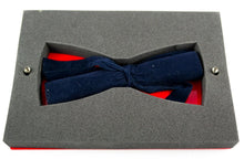 Load image into Gallery viewer, The fountain pen wrapped in a blue cloth and set inside the presentation box slot.